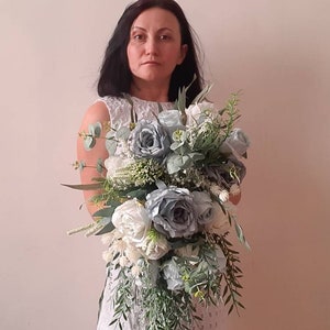 Cascading bridal bouquet Large wedding bouquet for bride Boho wedding bouquet Dusty blue fake flower bouquet Eucalyptus bride bouquet