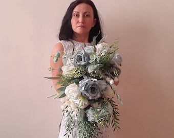 Cascading bridal bouquet Large wedding bouquet for bride Boho wedding bouquet Dusty blue fake flower bouquet Eucalyptus bride bouquet