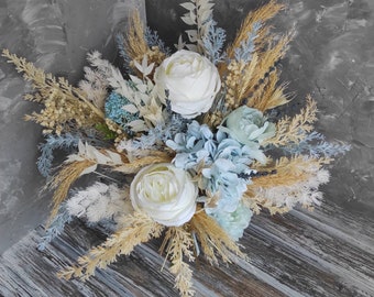 Boho style bouquet for white and blue wedding, bridal bouquet, bridesmaids flowers, table decoration, dried flower arrangement, fake roses