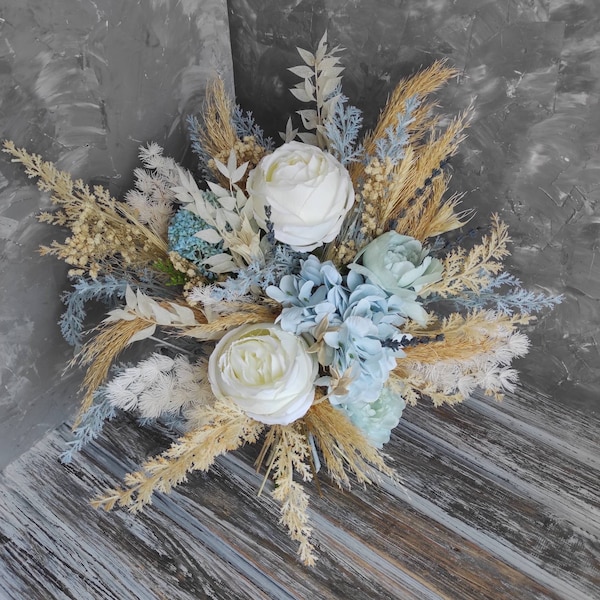 Boho style bouquet for white and blue wedding, bridal bouquet, bridesmaids flowers, table decoration, dried flower arrangement, fake roses