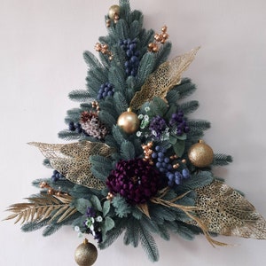 Mini Christmas tree for front door, wall decor for living room, purple and gold Christmas decorations