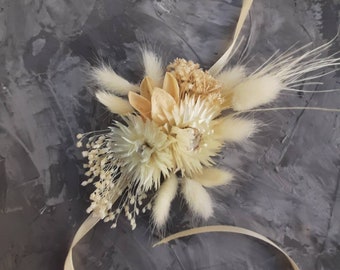 Boho wedding corsage, White dried flower corsage for wedding, champagne flower corsage band