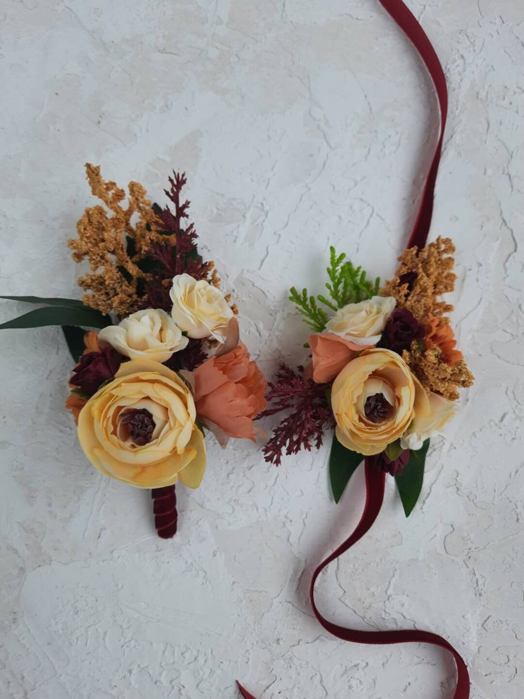 Rusty Burgundy Corsage and Boutonniere Set for Fall Wedding, Boho ...