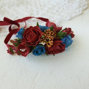 Wedding corsage burgundy navy cinnamon corsage and boutonniere set, wedding boutonniere, groomsmen bouts, wrist corsage band image 4