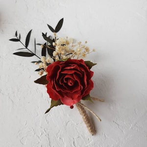 Burgundy rose fake flower dried eucalyptus boutonniere Wedding boutonniere Fall boutonniere Groom boutonniere