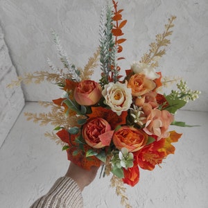 Orange Rose Bouquet: Fall Wedding, Maple Leaves, Boho Bridesmaid Flowers