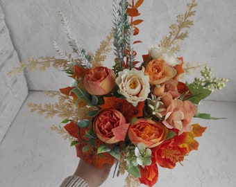 Bridesmaid orange bouquet with maple leaves and roses, Fake flower orange ivory roses, boho wedding bouquet for fall wedding