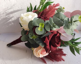 Eucalyptus ivory roses wedding bouquet, burgundy blush fake flowers