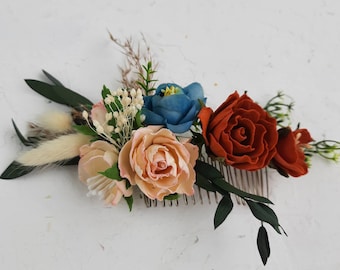 Terracotta navy ivory bridal hair comb, Fall wedding comb, Bridal headband, Flower hair piece, Dried floral hair comb, Eucalyptus hair comb