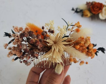 Fall wedding hair comb Rusty orange babys breath dried flower hair comb for bride Bridal hair accessories for fall wedding