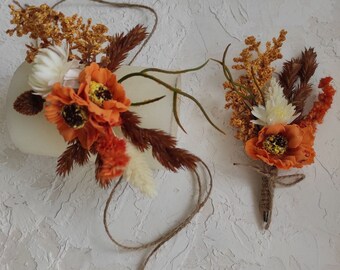 Fall flower corsage and boutonniere set  Wedding rust orange fake flower groomsmen boutenniere Wrist corsage band Dried burnt orange flower