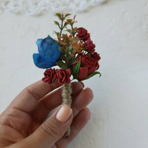 Wedding corsage burgundy navy cinnamon corsage and boutonniere set, wedding boutonniere, groomsmen bouts, wrist corsage band image 5