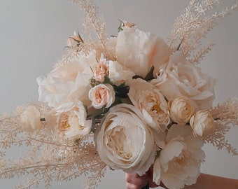 Champagne bridal wedding bouquet, boho wedding bouquet, Ivory fake flower bouquet for wedding