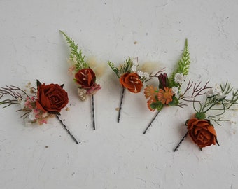 Épingles à cheveux rouillés, mariage en terre cuite, barrette à cheveux rouille fleur, épingles à cheveux de mariée, morceaux de cheveux de mariage pour demoiselle d'honneur