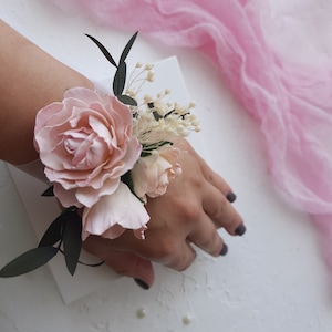 Corsage blush rose and boutonniere set  Wedding groomsmen bouts Wrist corsage band