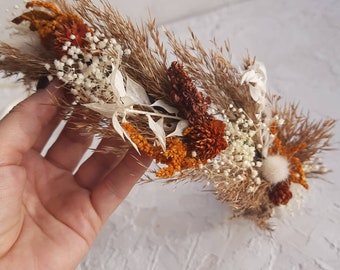 Couronne de fleurs séchées rouillée, serre-tête de fleurs séchées en terre cuite beige cannelle pour fille