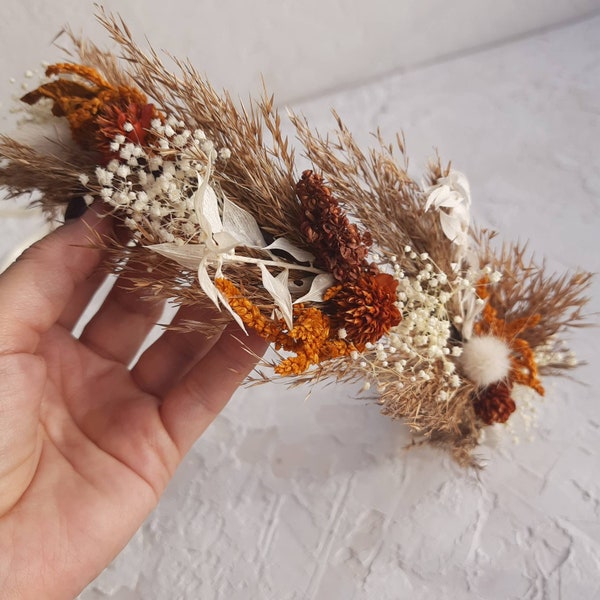 Rusty dried flower crown, beige cinnamon terracotta dried flowers for girls headband