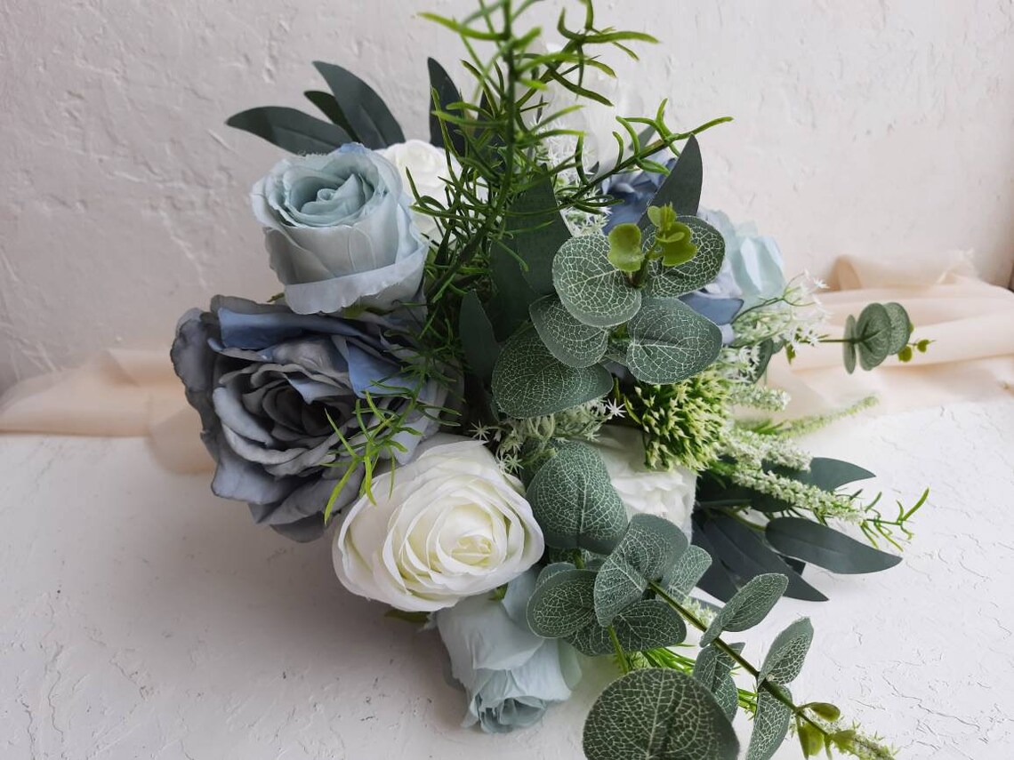 Dusty Blue Boho Wedding Bouquet Fake Flower Bouquet Bridal Etsy