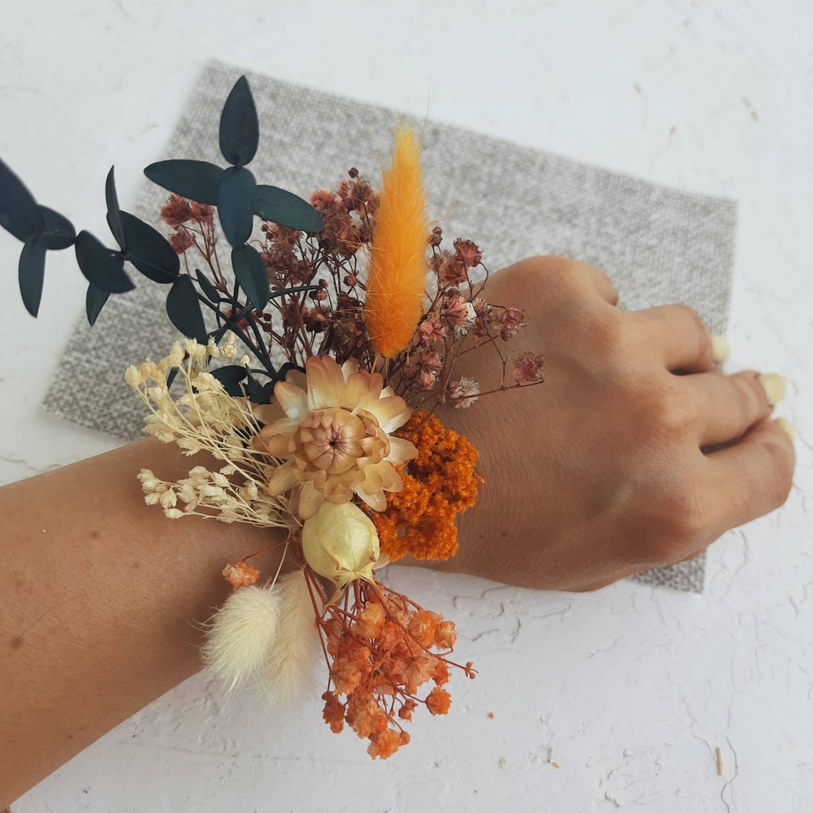 Dried flower wrist corsage band Orange corsage for fall Etsy