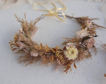 Dried flower crown fall Beige blush pink brown flower crown Dried flower girl crown