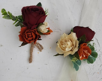 Burgundy burnt orange ivory corsage and boutonniere set Fall wedding wrist corsage band Boutonniere for men