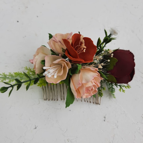 Burgundy burnt orange blush pink bridal hair comb Fall wedding comb Bride headband Flower hair piece Floral hair comb