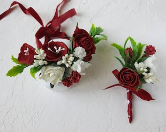 Burgundy wedding corsage and boutonniere set, groomsmen bouts, burgundy white wrist corsage band, wedding accessories for garden wedding