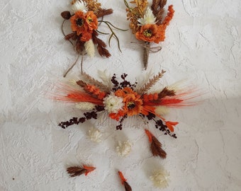 Rust corsage and boutonniere set  Fall wedding orange fake flower groomsmen boutenniere Wrist corsage band Dried burnt orange flower