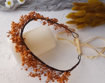 Rusty dried flower crown, Burnt orange dried babys breath headband, terracotta flower hairpiece for baby
