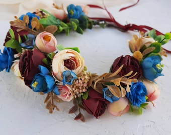 Burgundy blush pink navy blue flower crown, Boho wedding crown for bride, Fall flower crown, Bridesmaid headband