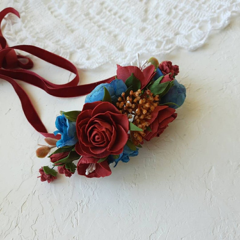 Wedding corsage burgundy navy cinnamon corsage and boutonniere set, wedding boutonniere, groomsmen bouts, wrist corsage band image 7