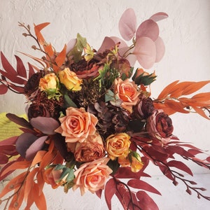 Rusty burgundy bouquet for fall wedding, Fake flower accessories for bride, boho wedding bouquet