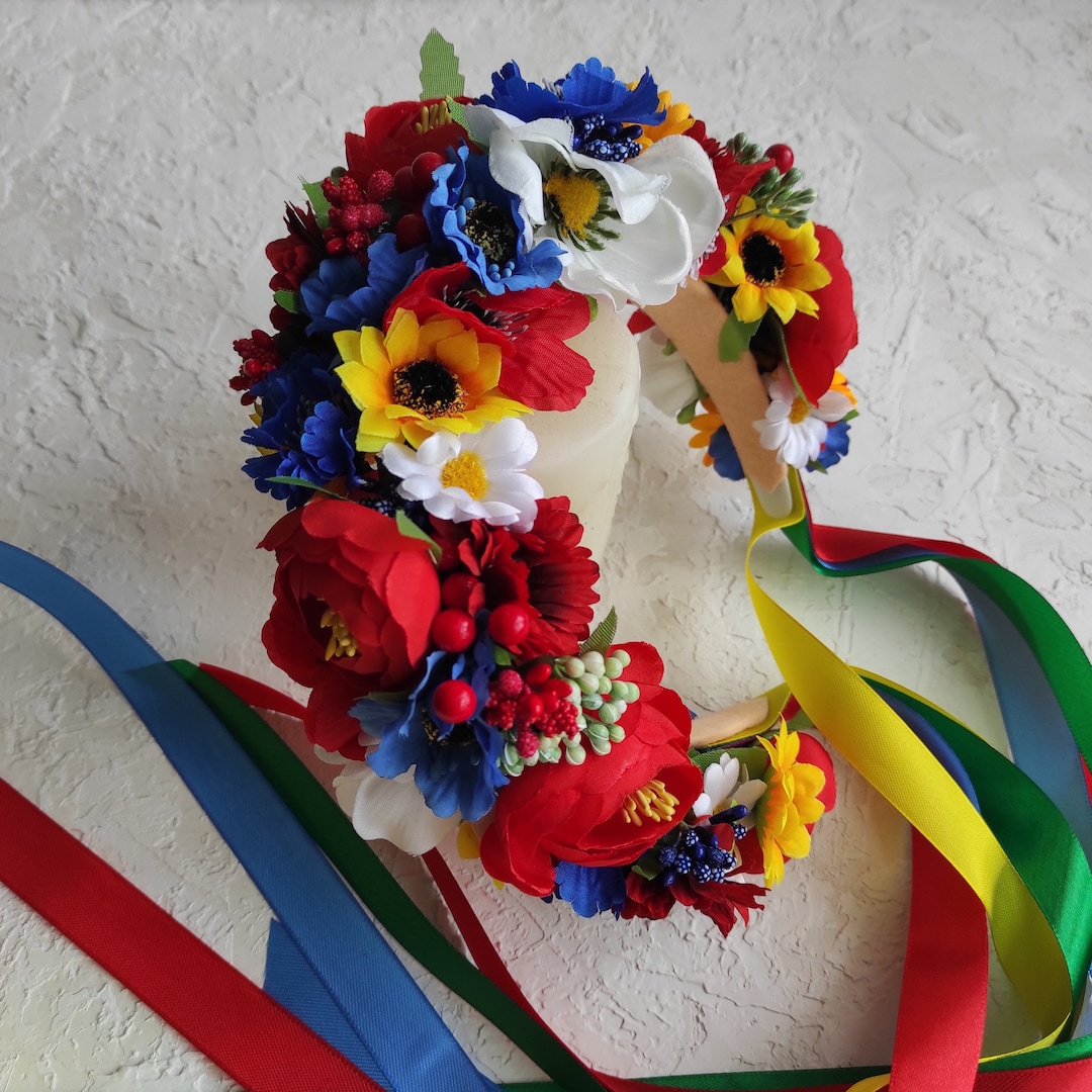 Ukrainian Flower Crown, Red Blue and Yellow Headband, Fake Flower