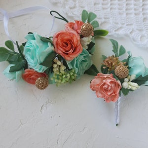 Mint green wedding corsage and boutonniere set, coral and mint decor, groomsmen bouts, wrist corsage band