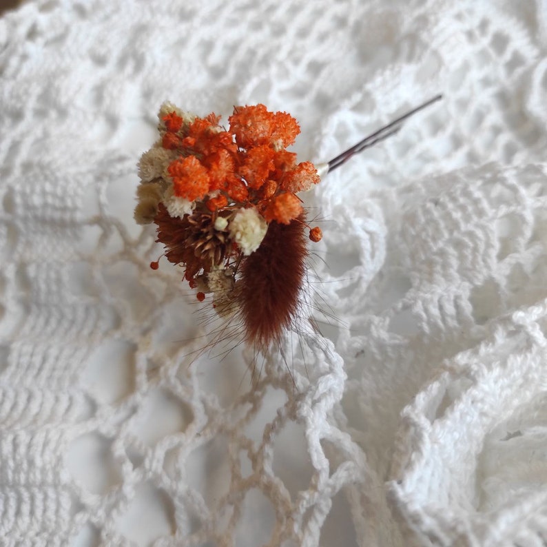 Orange hair pin of dried flowers, orange flower hair accessory for fall wedding, orange hair pin for bridesmaids, bride hsir pin image 3