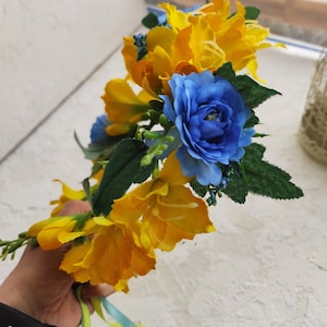 Ukrainian headband, yellow and blue fake flower crown, Fest hairpiece, Ukraine flower crown, national vinok