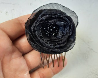 black wedding hair piece, bridal headband dark, black floral hair comb