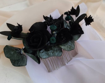 Black flower bridal hair comb Bridesmaid hairpiece Dried eucalyptus Fake silk flowers Wedding hair piece Boho hair comb