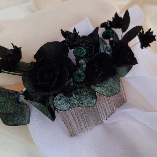 Black flower bridal hair comb Bridesmaid hairpiece Dried eucalyptus Fake silk flowers Wedding hair piece Boho hair comb