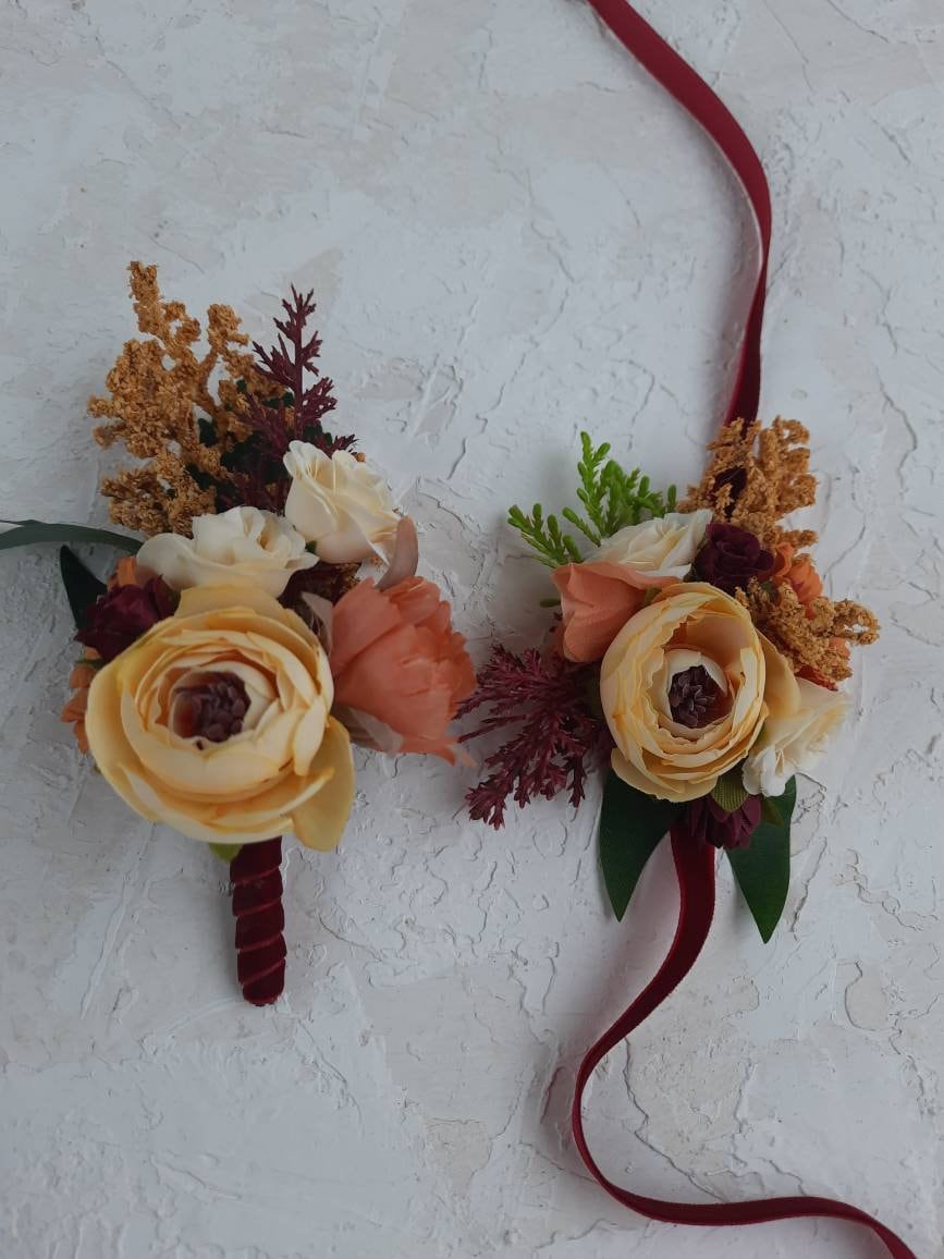 Rusty Burgundy Corsage and Boutonniere Set for Fall Wedding, Boho ...