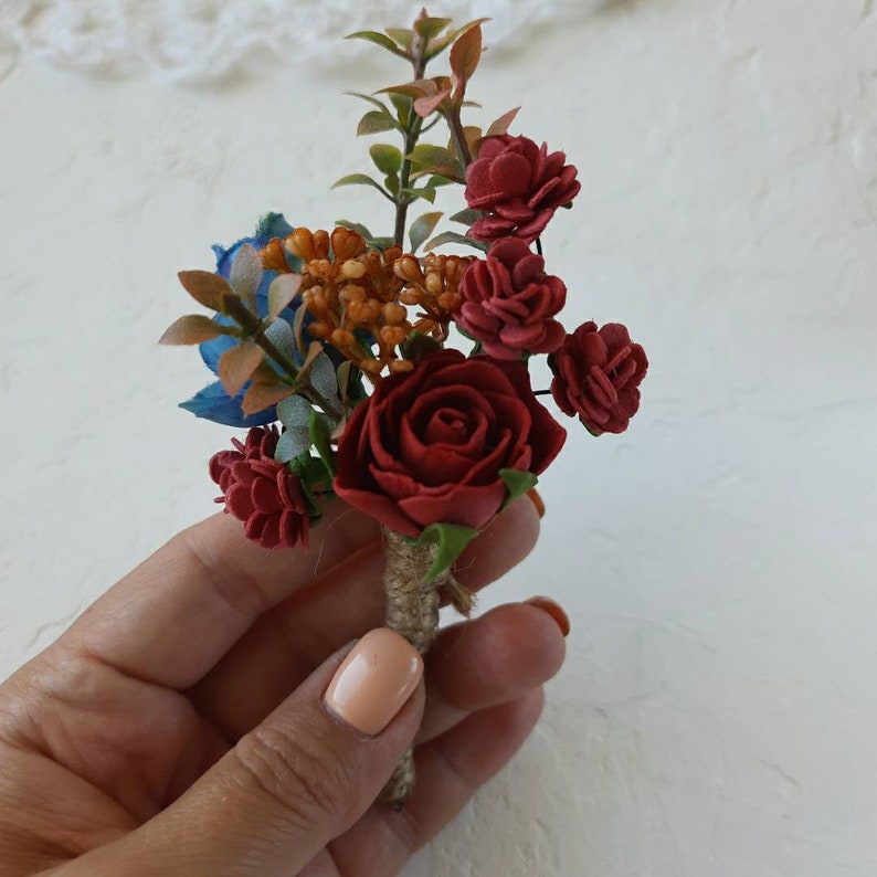 Wedding corsage burgundy navy cinnamon corsage and boutonniere set, wedding boutonniere, groomsmen bouts, wrist corsage band image 6