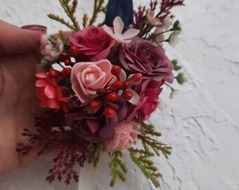 Burgundy Rose Corsage & Boutonniere Set: Wedding Party Flowers