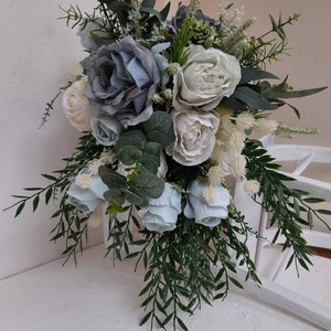Cascading blue bridal bouquet, Large wedding bouquet, Boho wedding bouquet, Dusty blue fake flower bouquet, Eucalyptus bride bouquet