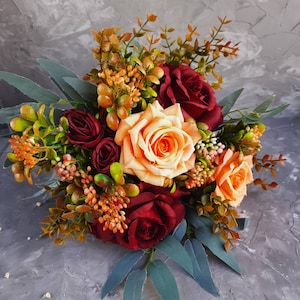 Burnt orange burgundy bouquet Bridesmaids 8&quot; bouquet Rust fake flower bouquet Fall wedding bouquet