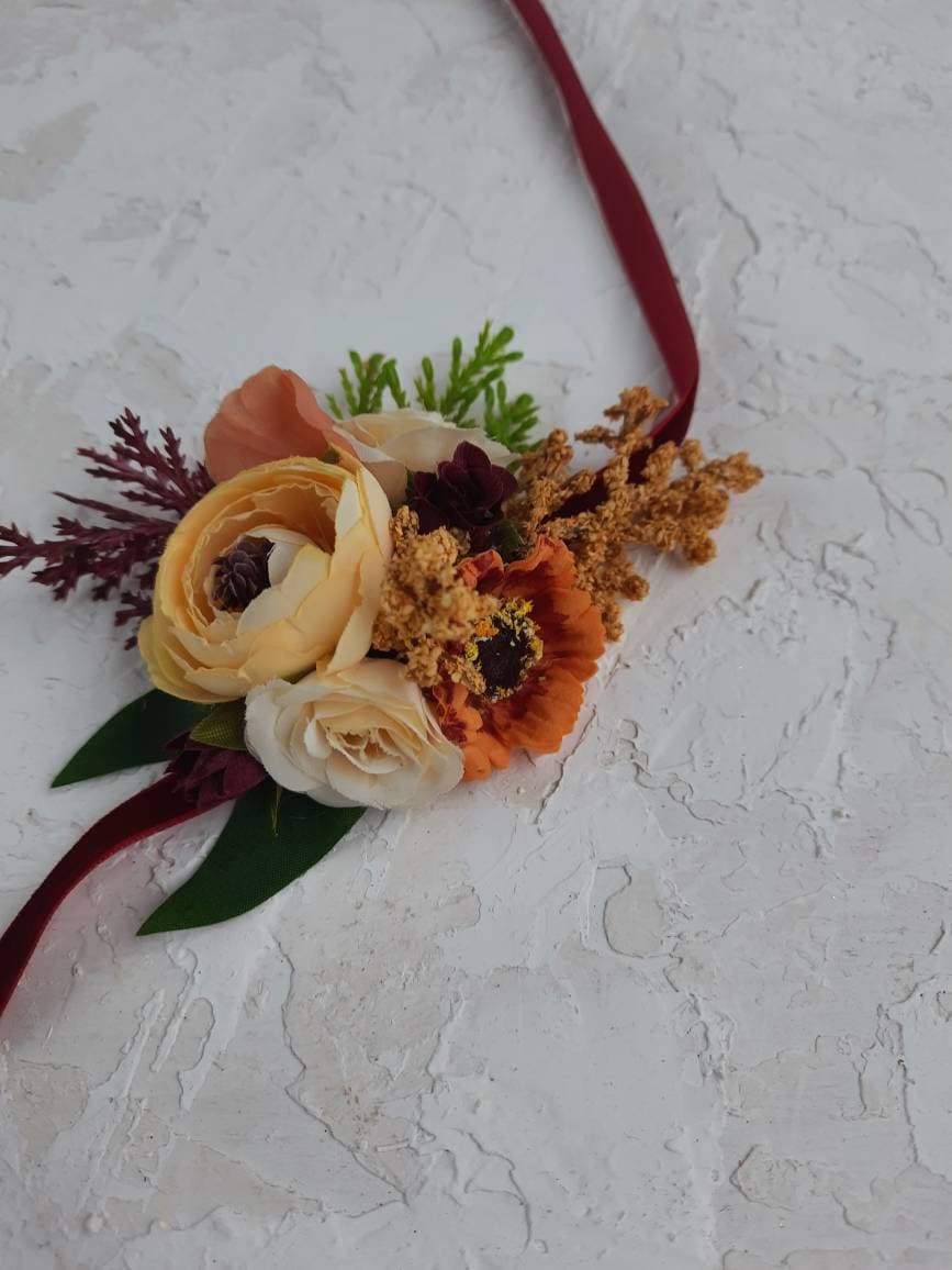 Rusty Burgundy Corsage and Boutonniere Set for Fall Wedding, Boho ...