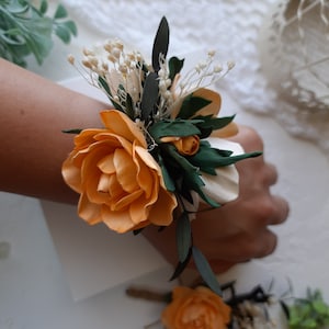 Orange corsage for bridesmaids and boutonniere set,  wedding boutonniere, wrist corsage band