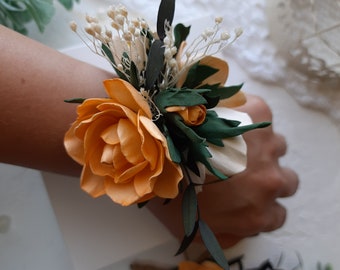 Orange corsage for bridesmaids and boutonniere set,  wedding boutonniere, wrist corsage band
