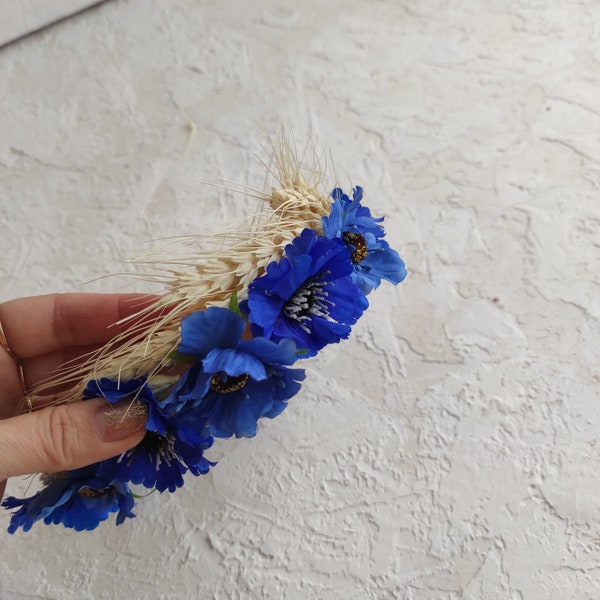 Cornflowers and wreath crown, Ukrainian headband, fake flower and real dried wheat crown, blue and yellow hairpiece, ukraine flower crown