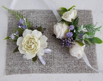 Lilac corsage and boutonniere set, Lavender wrist corsage band, Purple boutonniere for men, Wedding corsage and boutonniere set