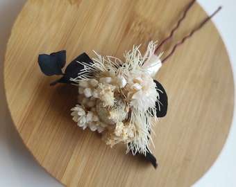 Dried flower hair pin, champagne flower hair accessory for wedding, hair pin for bridesmaid, ivory flowers dried eucslyptus